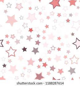 Seamless vector repetitive background with stars. Holiday joyful pattern with multicolored red, pink, grey, purple vector stars on white background.
