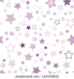 Seamless vector repetitive background with stars. Holiday joyful pattern with multicolored violet, purple, pink, mauve vector stars on white background.