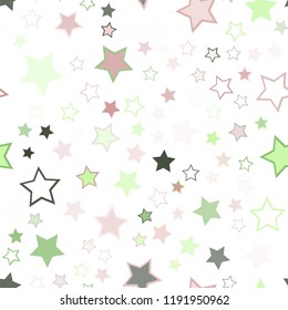 Seamless vector repetitive background with stars. Holiday joyful pattern with multicolored green, pink, grey vector stars on white background.
