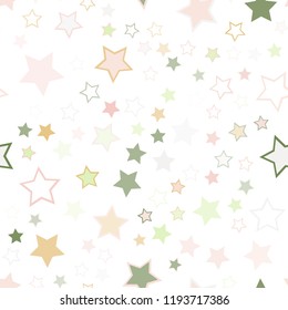 Seamless vector repetitive background with stars. Holiday joyful pattern with multicolored green, pink, grey, brown vector stars on white background.