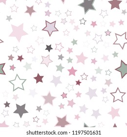 Seamless vector repetitive background with stars. Holiday joyful pattern with multicolored grey, pink, purple vector stars on white background.