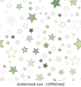 Seamless vector repetitive background with stars. Holiday joyful pattern with multicolored green, grey, pink vector stars on white background.