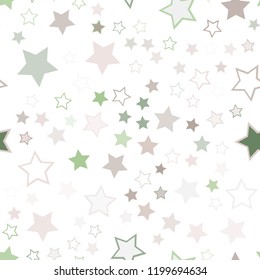 Seamless vector repetitive background with stars. Holiday joyful pattern with multicolored green, grey, pink vector stars on white background.
