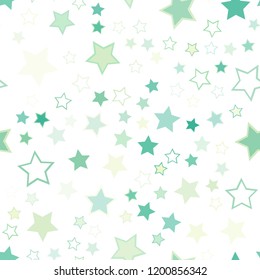 Seamless vector repetitive background with stars. Holiday joyful pattern with multicolored green, turquoise, teal vector stars on white background.