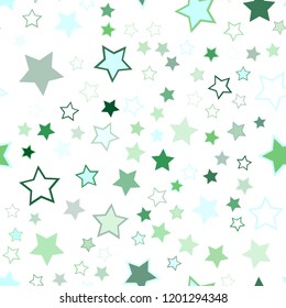 Seamless vector repetitive background with stars. Holiday joyful pattern with multicolored green, teal, turquoise vector stars on white background.