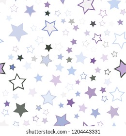 Seamless vector repetitive background with stars. Holiday joyful pattern with multicolored violet, purple, blue, green, pink vector stars on white background.