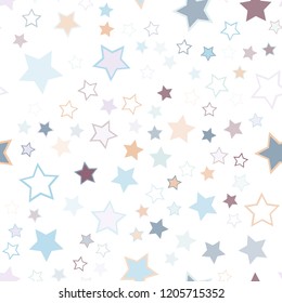 Seamless vector repetitive background with stars. Holiday joyful pattern with multicolored blue, grey, orange, purple, maroon vector stars on white background.