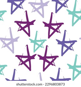 Seamless vector repetitive background with stars. Holiday joyful pattern with multicolored grey and blue vector stars on white background.
