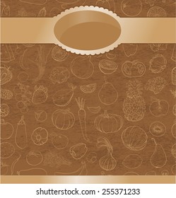 Seamless vector retro background with contour drawing of vegetables, fruit, berries. Template for design with food ingredients. eps 10
