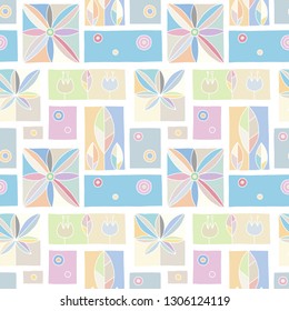 Seamless vector retro decorative pink hand drawn pattern with geometrical motifs, flowers, leaves. Graphic vintage design. Print for wrapping, wallpaper, surface, packaging, fabric, textile