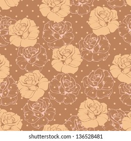 Seamless vector retro floral pattern with beige roses on brown background with polka dots. Beautiful abstract vintage texture with flowers and cute background.
