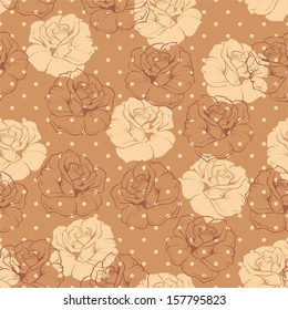 Seamless vector retro floral pattern with beige and chocolate brown roses on brown background with polka dots. Beautiful abstract vintage texture with flowers and cute background.