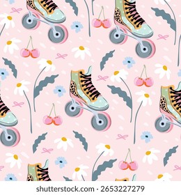 Padrão retrô de vetor sem emenda. Fundo bonito, pastel com patins, margaridas, cerejas e arcos. Diversão e design de superfície nostálgico perfeito para meninas, adolescentes e projetos divertidos inspirados em vintage