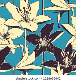 seamless vector retro pattern with hand drawn lily flowers. design for packaging, textile, interior