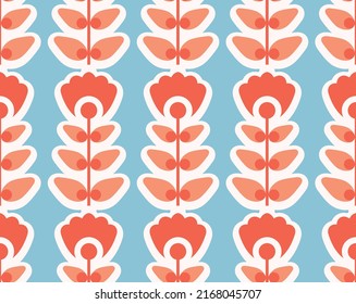 Seamless vector retro pattern with pink geometric flowers on a blue background. Delicate floral texture in the style of the sixties for wallpapers and fabrics.