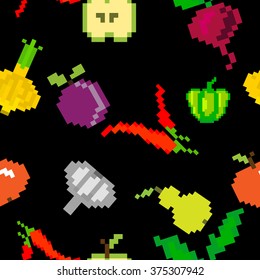 seamless vector retro pixel game fruits pattern