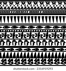 Seamless vector retro striped egyptian pattern theme with ethnic and tribal motifs. Black white hand drawn vintage illustration drawing for textile print 