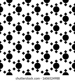 Seamless vector. Rhombuses, rounds ornament. Checks, circles motif. Squares, shapes pattern. Diamonds, figures wallpaper. Geometric background. Web design illustration, abstract backdrop.