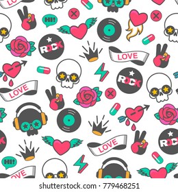  seamless vector rock pattern with skull and heart