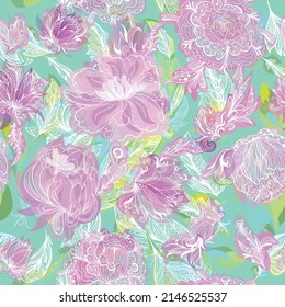 Sensación vectorial romántica elegante textura floral tropical
Esbozo estilo patrón mágico con flores de peonía, lirio y loto sobre fondo de menta