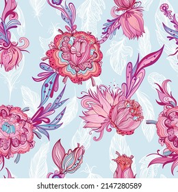 Nahtlose, vektorromantische, tropische Blumenstruktur
Zaubermuster im Skizzenstil mit Peony, Lilie und Lotus-Blumen auf hellblauem Hintergrund