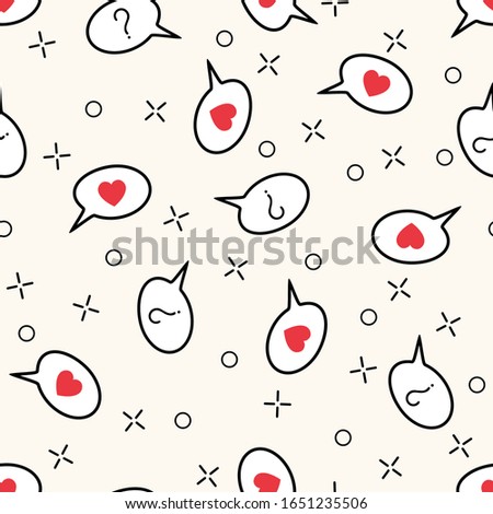 Seamless vector romantic pattern with doodle info speech bubble icons with heart sign and question sign on it. Pop art illustration in flat style for wedding or valentine's day