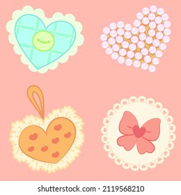 Seamless vector romantic pattern of a variety of handmade hearts with lace, ruffles, button, checkered pattern, bow, pearl beads, for Valentine's Day, wedding, for wallpaper, wrapping paper, textile