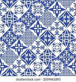 Seamless vector. Rustic style tiles vector illustration. Tiled wall pattern: Portuguese blue azulejos pattern design. Seamless background.
