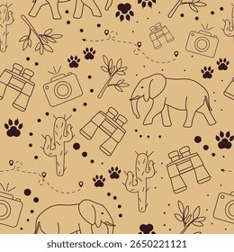 Padrão de viagem de safári com elefantes, câmeras, cactos e pegadas. Perfeito para produtos para crianças, embalagens, tecidos ou designs com temas de aventura. Fácil de dimensionar e editar.