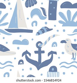 Seamless vector with sailing boat, anchor and other sea elements. Sea ​​background. Design can be used for paper, wallpaper, textile, fabric. Hand-drawn cartoon illustration. 