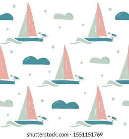 Seamless vector with sailing boat and clouds. Sea ​​background. Design can be used for paper, wallpaper, textile, fabric. Hand-drawn cartoon illustration. 