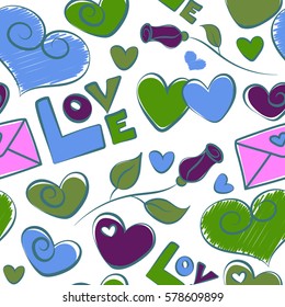 Seamless vector Saint Valentines Pattern in green, purple and blue colors on a white background. Valentines day background. Vector illustration.