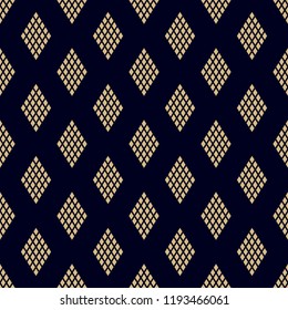 Seamless vector sample from the repeating big and small gold rhombuses against a dark background. Endless texture for textile design. Abstract geometrical texture. Ethnic pattern. Vector color.