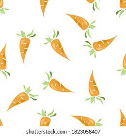 Seamless vector scalable repeating pattern of carrots on a white background in a scattered arrangement. Cute and quirky this makes a fun surface print of isolated vegetables in orange and green.