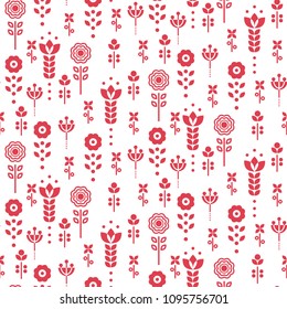 Seamless vector scandinavian floral pattern. Red and white folk monochrome design.