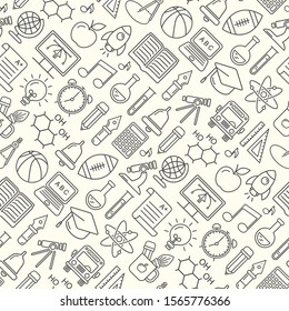 Seamless vector school background. Education pattern with modern line style colored icons.