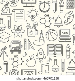 Seamless vector school background. Education pattern with modern line style icons.
