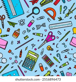 Seamless vector school background. Return to school. Pen, pencil, marker, paints, drawing