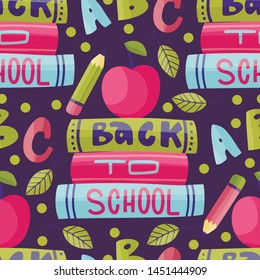 Seamless vector school pattern. Cute cartoon flat illustration with books, red apple, pencil and message and abc letters. Back to school.