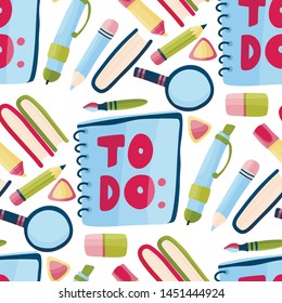 Seamless vector school pattern with to do planner, pencil, pen, book, eraser, pen. Study stationery in a flat style.