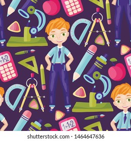 Seamless vector school pattern. Happy smart boy with a bag and school supplies - compass, eraser, and pencil. Pupil with ruler, microscope and apple in a flat style.