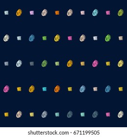 Seamless vector scribble hipster pattern. Green, orange, yellow, blue, grey doodles on a dark blue background. Modern original trendy funky colors background. Children's jeans or shirt fashion design.
