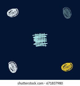 Seamless vector scribble hipster pattern. Green, orange, yellow, blue, grey doodles on a dark blue background. Modern original trendy funky colors background. Children's jeans or shirt fashion design.