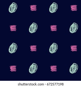 Seamless vector scribble hipster pattern. Mint green and pink hand drawn doodles on a blue background. Children's jeans or shirt fashion design. Modern original simple background trendy funky colors.