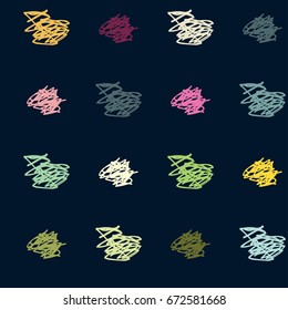 Seamless vector scribble hipster pattern. Green, orange, pink, blue, purple doodles on a dark blue background. Denim cowboy jeans or shirt fashion design. Modern original vintage retro background.