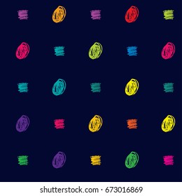 Seamless vector scribble hipster pattern. Green, orange, pink, blue, purple doodles on a dark blue background. Modern original trendy funky colors background. Children's jeans or shirt fashion design.