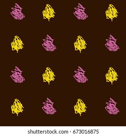 Seamless vector scribble hipster pattern. Yellow and pink hand drawn doodles on a brown background. Children's jeans or shirt fashion design. Modern original simple background in vintage retro colors.