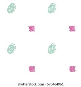 Seamless vector scribble hipster pattern. Mint green and pink hand drawn doodles on a white background. Children's jeans or shirt fashion design. Modern original simple background trendy funky colors.