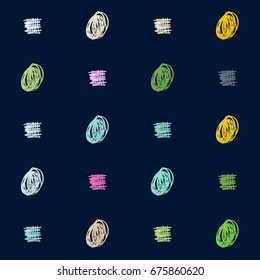 Seamless vector scribble hipster pattern. Green, orange, yellow, blue, grey doodles on a dark blue background. Modern original trendy funky colors background. Children's jeans or shirt fashion design.