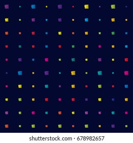 Seamless vector scribble hipster pattern. Green, orange, pink, blue, purple doodles on a dark blue background. Modern original trendy funky colors background. Children's jeans or shirt fashion design.